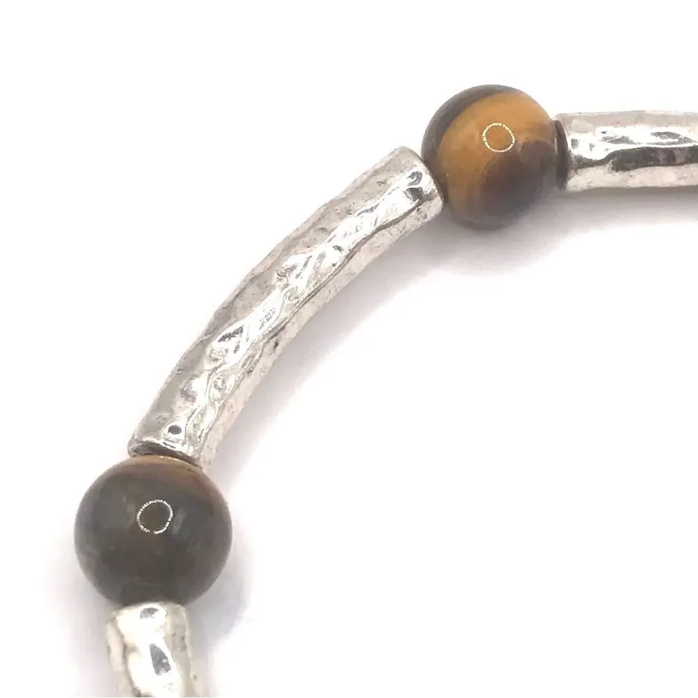 Silver Hammered and Tigers Eye Beaded  Stretch Bracelet